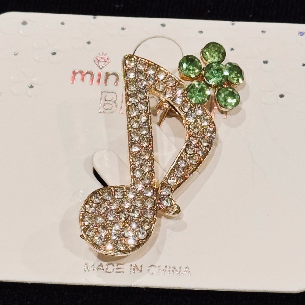 NWT Mint Rhinestone Music Note & Flower Brooch Pin Green - Picture 2 of 8